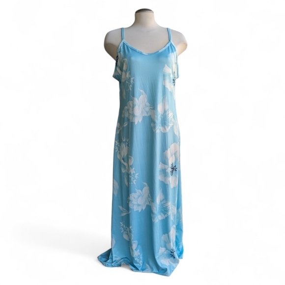 Blue with White Florals Flowy Spaghetti Strap V-Neck Maxi Dress Size XXL - Picture 1 of 9